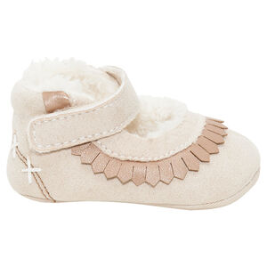 Merceditas de tela con flecos de fantasía y forro de pelo sintético 