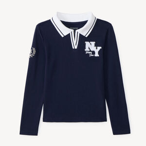 Camiseta de niña de mangas largas estilo polo con parche "NY". 