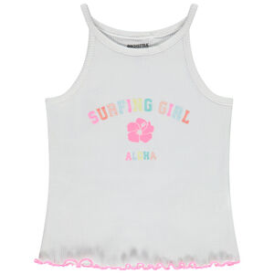 Camiseta sin mangas acanalada con bordado multicolor y estampado para niña 