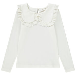 Camiseta manga larga acanalada con cuello bordado para niña 