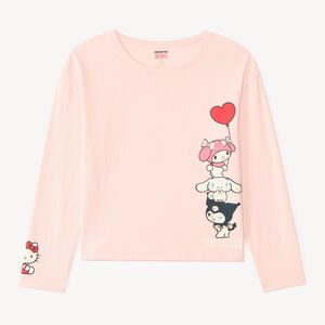 Camiseta de niña de manga larga oversized con estampado de Hello Kitty y sus amigos. 