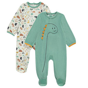 Lote de 2 peleles de terciopelo con estampado de dinosaurios para bebé niño con aperturas según la edad 