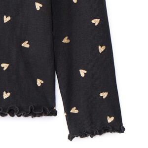 Camiseta de manga larga de punto acanalado con estampado de corazones con purpurina para niña 