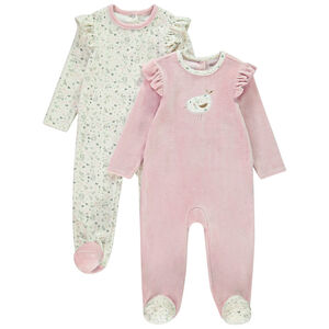 Pack de 2 peleles de terciopelo con diseño de pájaros para bebé niña con diferentes aperturas según la edad.  Main Pack de 2 peleles de terciopelo con diseño de pájaros para bebé niña con diferentes aperturas según la edad.