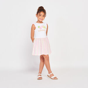 Vestido de doble material efecto 2 en 1 estampado y a rayas para niña  Main Vestido de doble material efecto 2 en 1 estampado y a rayas para niña