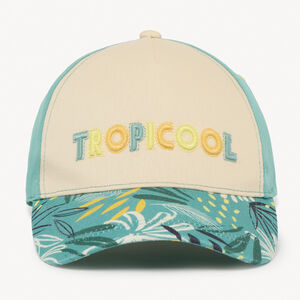 Gorra bicolor de tela con estampado tropical para niño. 