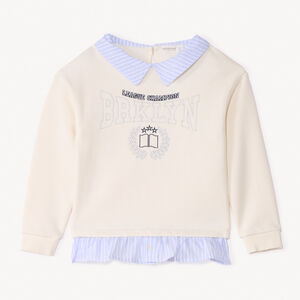 Sweat molleton avec col en popeline rayée et broderie pour fille  Main Sweat molleton avec col en popeline rayée et broderie pour fille