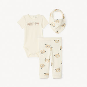 Conjunto de nacimiento: body + calzón + babero con estampado de oso para bebé niño. 
