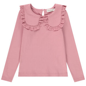 Camiseta manga larga acanalada con cuello bordado para niña 