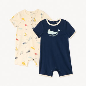 Pack de 2 monos cortos de punto con motivo de ballenas para bebé niño. 