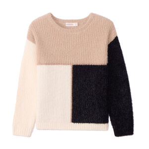 Pull manches longues en tricot pelucheux tricolore pour fille   Main Pull manches longues en tricot pelucheux tricolore pour fille