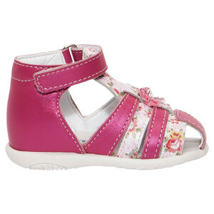 Sandalias de cuero de color fucsia irisado con estampado de flores 