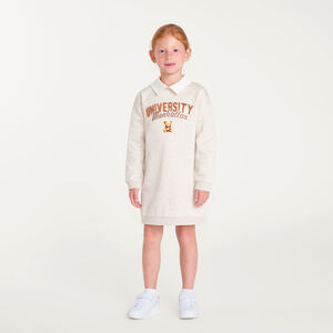 Ropa tipo sudadera para niña con cuello de camisa e impresión universitaria. 
