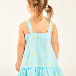 Vestido de tirantes en tela tubular con estampado de conchas y flores para niña bebé. 