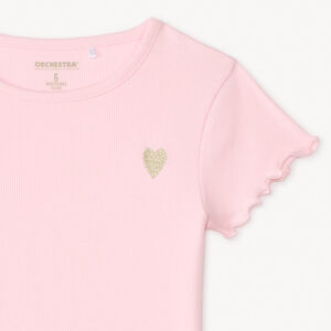 Camiseta de manga corta de punto acanalado con bordado de corazón para niña 