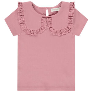 Camiseta de manga corta de punto de canalé con cuello babero bordado para niña 