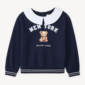 Sudadera para niña con cuello Peter Pan y estampado de osito. 