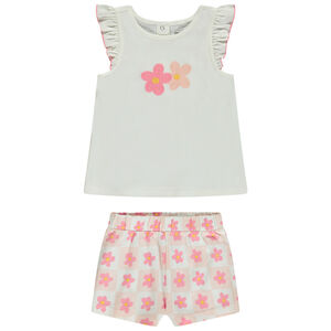 Conjunto 2 piezas estampado damero y flores bordadas para bebé niña 