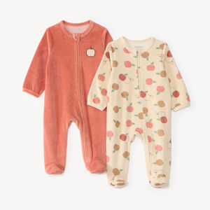 Conjunto de 2 pijamas de terciopelo con cremallera para bebé niña con estampado de manzana. 