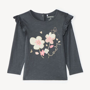 Camiseta de manga larga para bebé niña con parche de felpa decorativa. 