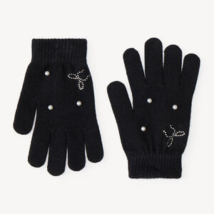 Gants fille en maille motif nœud en strass et perles 