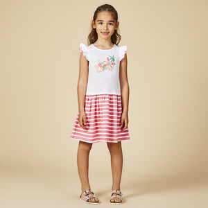 Vestido efecto 2 en 1 con estampado fantasía y rayas para niña 