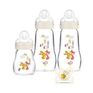 Estuche de 3 biberones de vidrio y 1 chupete anatómico 