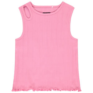 Camiseta sin mangas lisa de punto acanalado con cuello fantasía para niña  Main Camiseta sin mangas lisa de punto acanalado con cuello fantasía para niña