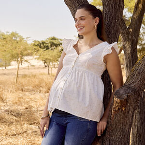 Blusa de manga corta con volantes y estampado para mujer 