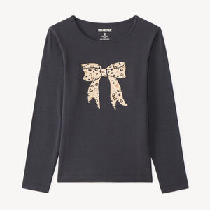 Camiseta de manga larga para niña con estampado fantasía y purpurina. 