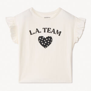 Camiseta de manga corta con volantes y parche de corazón para niña 