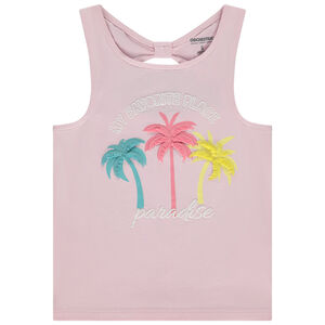 Camiseta sin mangas con motivo de palmeras en relieve y espalda de punto calado para niña 