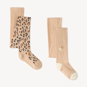 Lote de 2 pantys gruesos para niña con estampado de leopardo y corazones. 