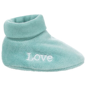 Pantuflas de terciopelo azul con inscripción bordada 