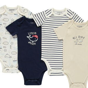 Lote de 7 Bodies de manga corta con motivos de ballenas para bebé niño con aperturas diferentes según la edad. 