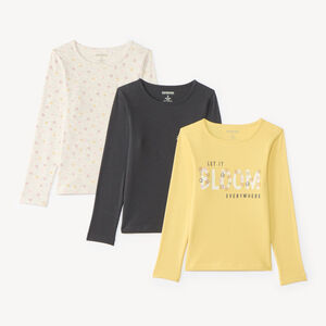 Conjunto de 3 camisetas de manga larga para niña, lisas y estampadas. 