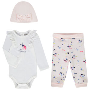 Ensemble 3 pièces en jersey bonnet + body + legging imprimé pour bébé fille 