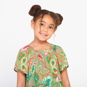 Vestido de manga corta estampado con fantasía de jungla para niña  Main Vestido de manga corta estampado con fantasía de jungla para niña
