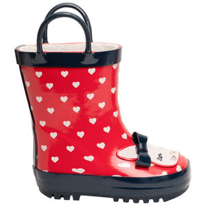 Botas de agua de niña con estampado de corazones y conejito. 