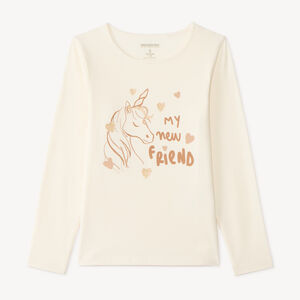 Camiseta de manga larga para niña con estampado fantasía y purpurina. 