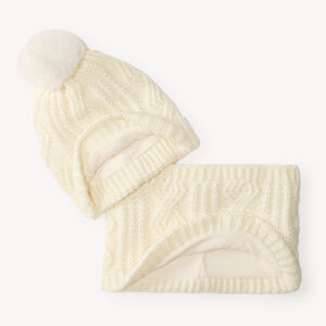Ensemble bonnet et snood fille en tricot à torsades avec pompon 