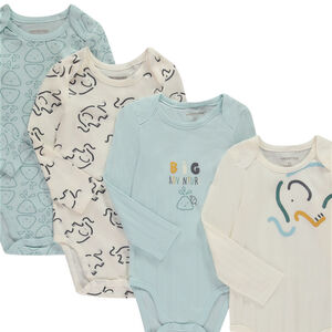 Pack de 7 bodies de manga larga con estampado de elefantes para bebé niño con diferentes aberturas según la edad. 