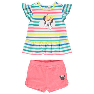 Conjunto camiseta de rayas print Minnie Disney y short toalla 