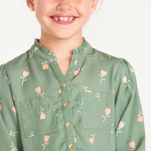 Vestido de niña de cuello mao con mangas largas y estampado de tulipanes. 