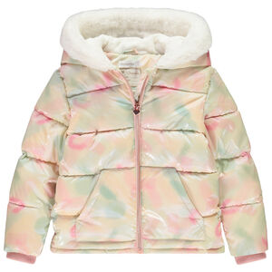 Chaqueta de plumas nacarada con capucha de pelo sintético para niña 