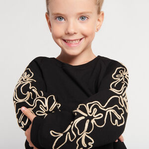 Robe en molleton uni avec manches brodées pour fille  Main Robe en molleton uni avec manches brodées pour fille