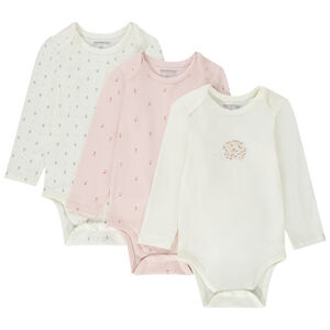 Pack de 3 bodies de manga larga con estampados variados para bebé niña con diferentes aberturas según la edad. 