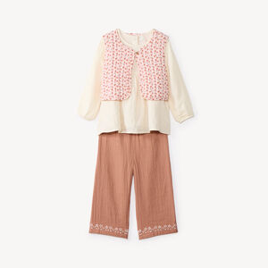 Conjunto de 3 piezas para bebé niña: blusa + pantalón + chaleco sin mangas con flores. 