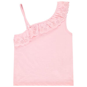 Top con tirantes asimétricos y bordado inglés para niña 