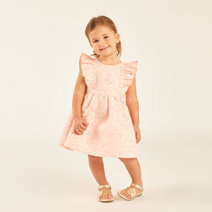 Vestido de manga corta con volantes y estampado floral en jacquard para niña bebé. 